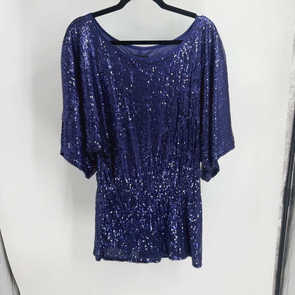 Blaque Market BLQ.MKT Royal Blue Sequin Dolman Sleeve Tunic Top M Navy Party